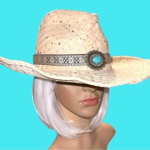 Stylish Tan Cowgirl Hat with Turquoise Accent and a little sparkle all over!